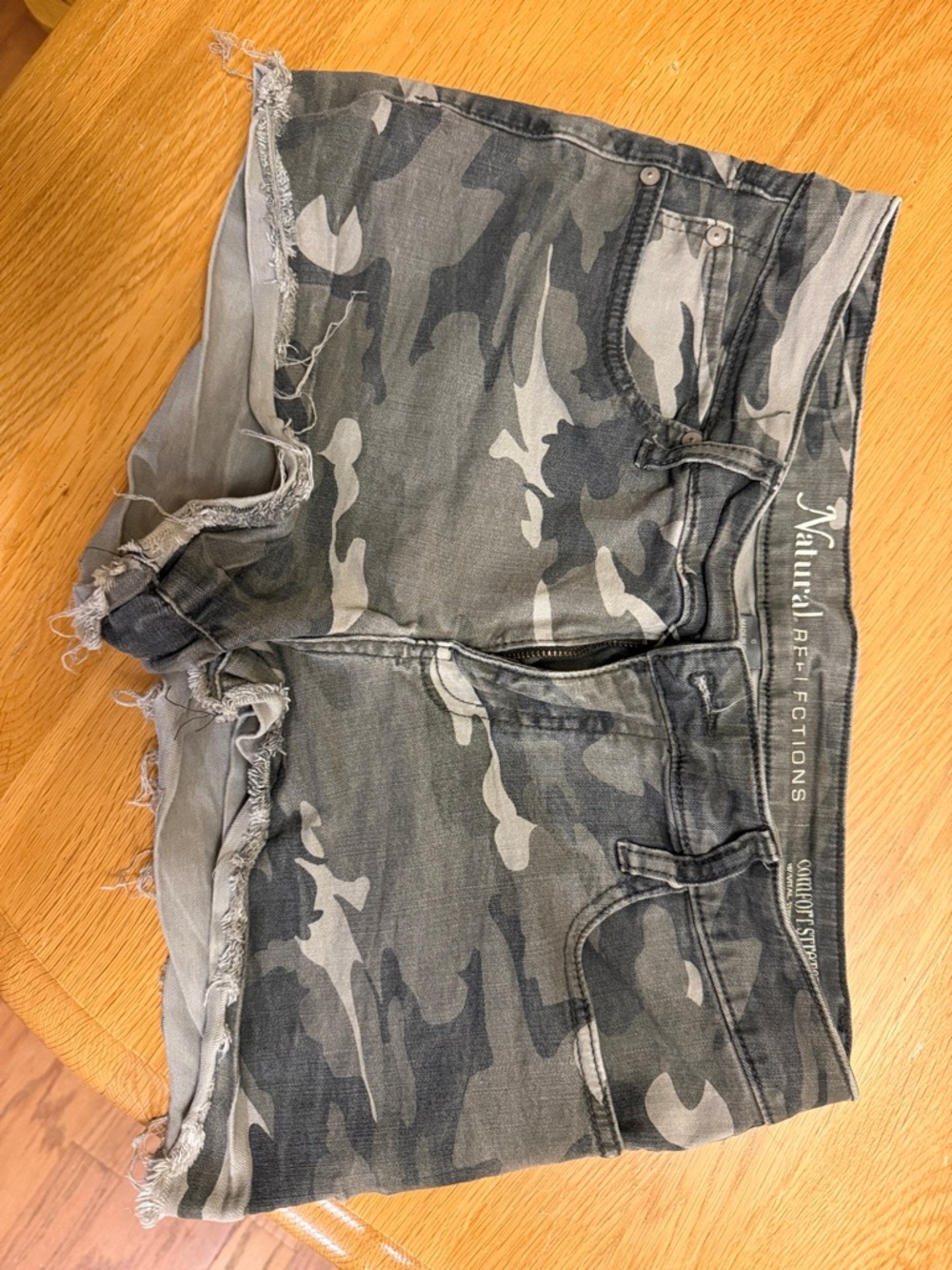 Natural Reflections Gray Camo Frayed Denim Shorts